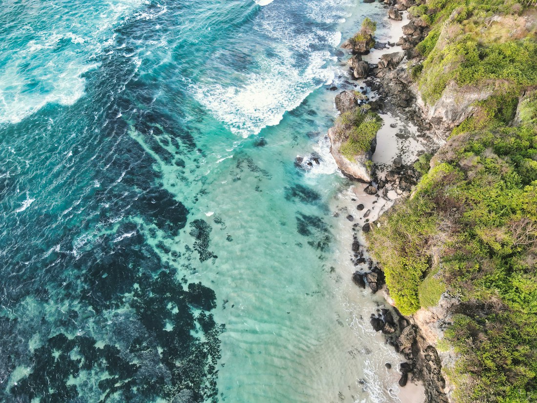 A secluded beach and clear ocean, photographed from above